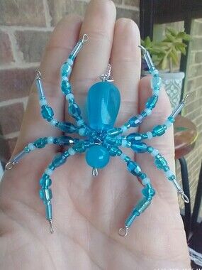 Handmade Beaded Spider Pendant in Bright Teal